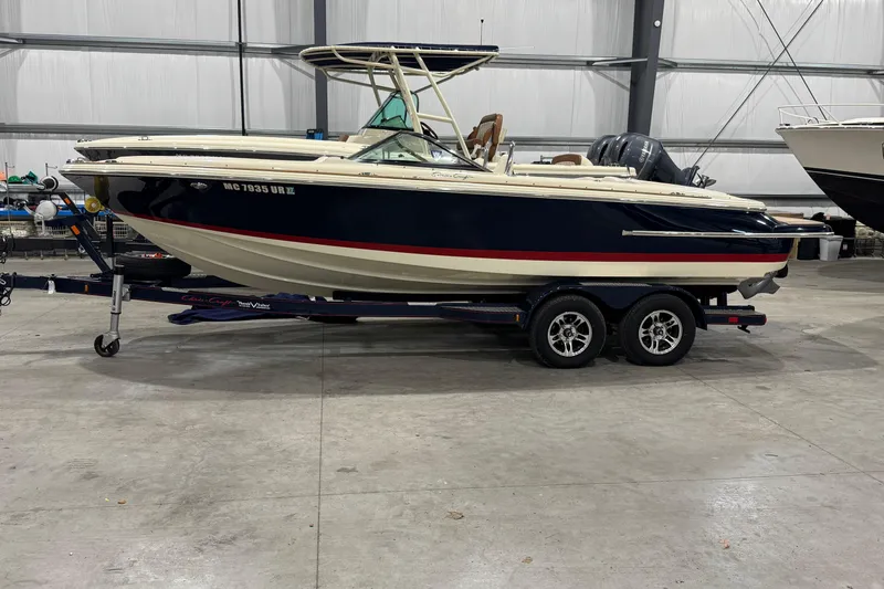 Slide: The Image of 2021 Chris-Craft Launch 23 boat on trailer in indoor storage facility. - 1