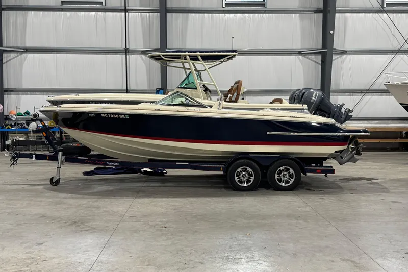 Slide: The Image of 2021 Chris-Craft Launch 23 boat on trailer in indoor storage facility. - 3