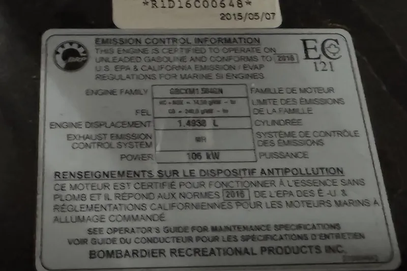 Slide: The Image of 2016 Sea-Doo GTX 155 engine emission control label, detailing specifications and compliance. - 11
