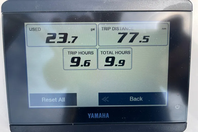 Slide: The Image of Yamaha display showing fuel usage, trip distance, and hours for 2025 Jones Brothers boat. - 9