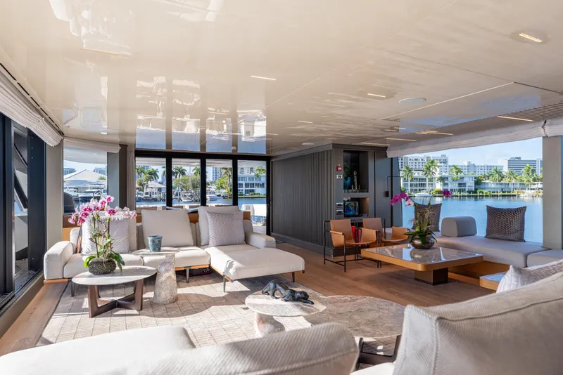 Slide: The Image of Luxurious interior of 2023 Sanlorenzo SL120A yacht with elegant furnishings and waterfront view. - 19
