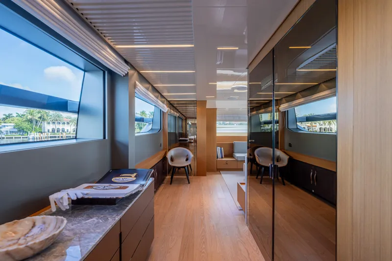 Slide: The Image of Luxurious interior of 2023 Sanlorenzo SL120A yacht with modern design and large windows. - 27