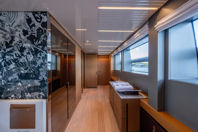 Slide: The Image of Luxurious interior of 2023 Sanlorenzo SL120A yacht with modern design and large windows. - 29