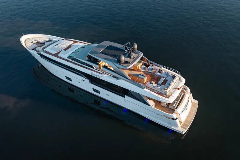 Slide: The Image of 2023 Sanlorenzo SL120A luxury yacht on calm water, aerial view. - 3