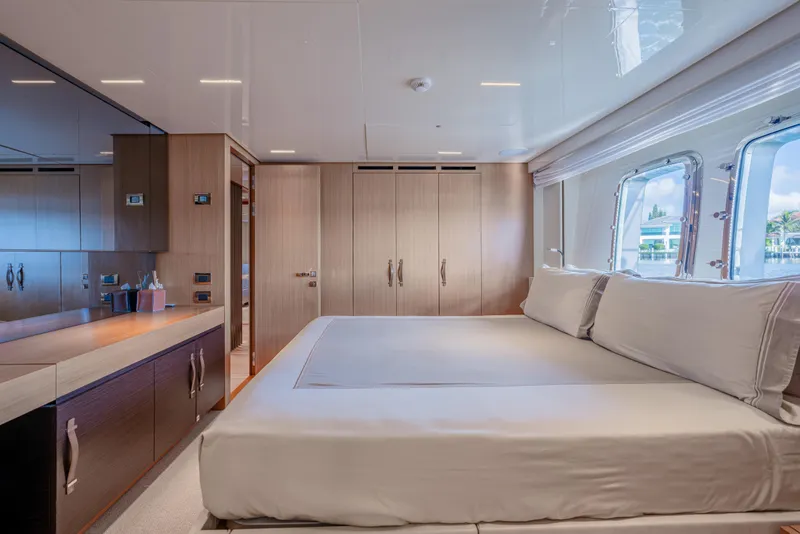 Slide: The Image of Luxurious bedroom interior of 2023 Sanlorenzo SL120A yacht with modern design and large windows. - 40