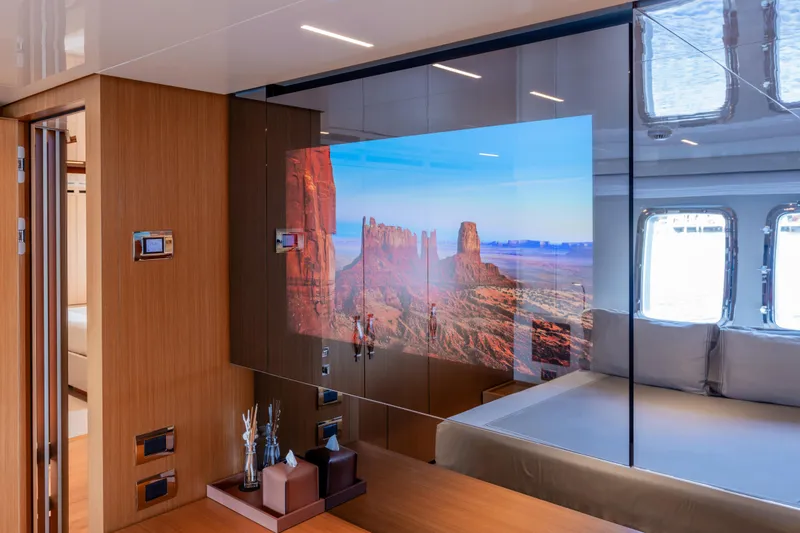 Slide: The Image of Luxurious interior of 2023 Sanlorenzo SL120A yacht with modern decor and scenic display. - 48
