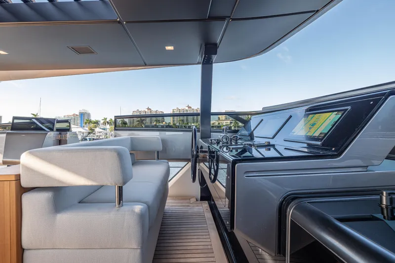 Slide: The Image of 2023 Sanlorenzo SL120A yacht helm with modern controls and luxurious seating. - 64