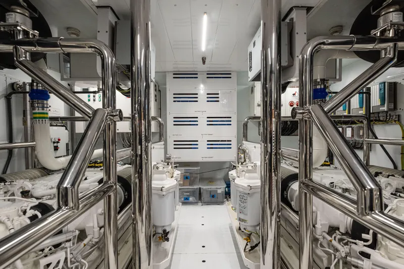 Slide: The Image of Engine room of 2023 Sanlorenzo SL120A yacht with polished metal and advanced machinery. - 72