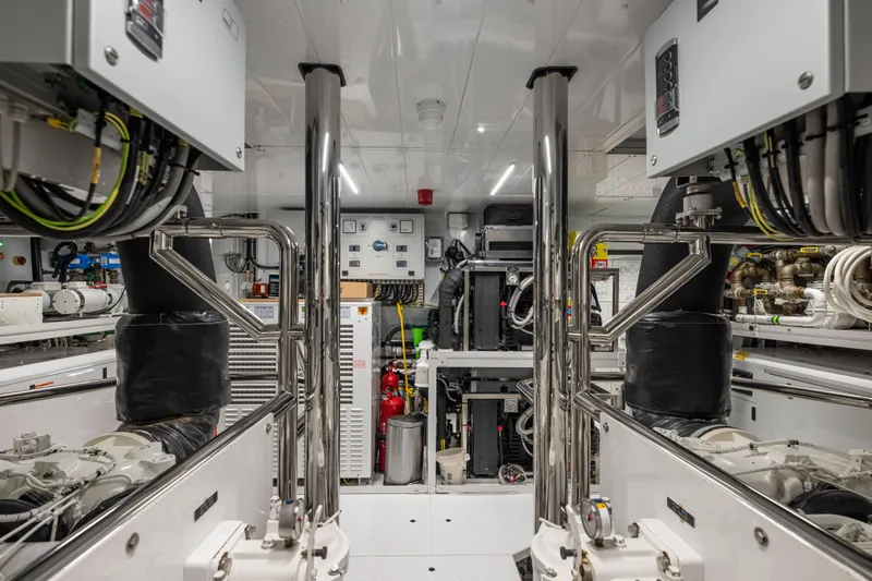Slide: The Image of Engine room of 2023 Sanlorenzo SL120A yacht, featuring advanced machinery and equipment. - 73