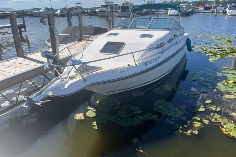 Slide: The Image of 1993 Sea Ray 250 Sundancer docked in a marina, surrounded by lily pads. - 2
