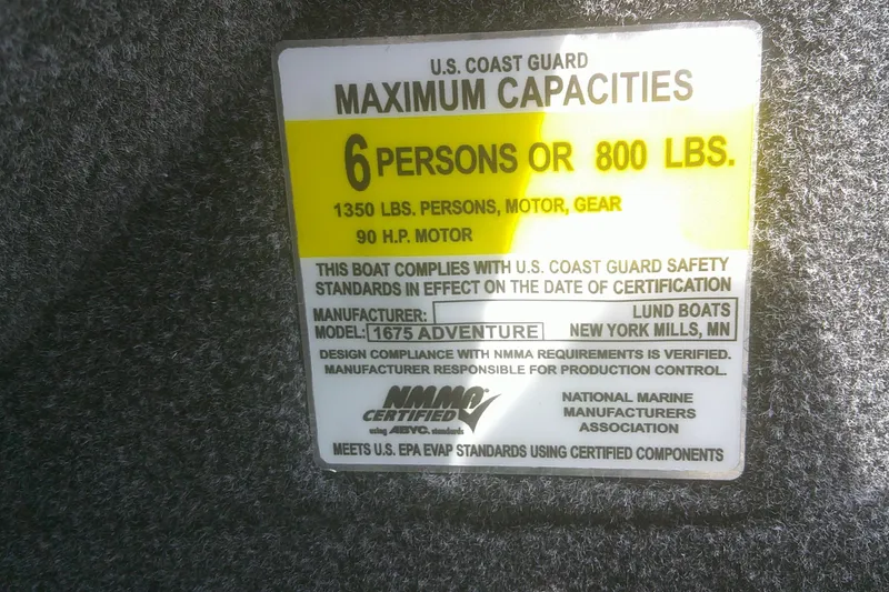 Slide: The Image of 2026 Lund 1675 Adventure SS capacity label: 6 persons, 800 lbs, 90 HP motor compliance. - 8