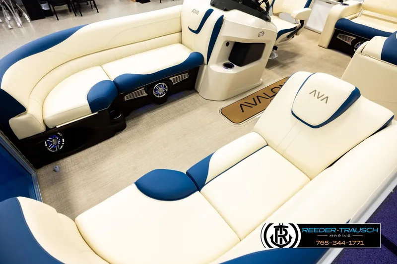 Slide: The Image of Luxurious interior of 2026 Avalon LSZ VRB pontoon boat with plush seating and modern design. - 10