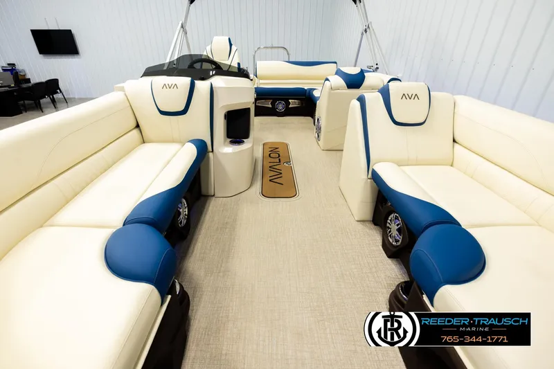 Slide: The Image of 2026 Avalon LSZ VRB pontoon boat interior with luxurious seating and modern design. - 13