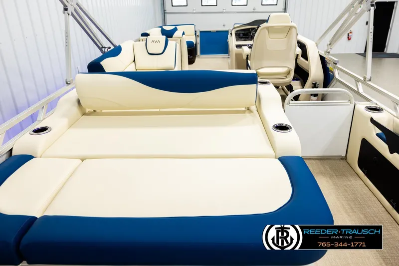 Slide: The Image of Interior of 2026 Avalon LSZ VRB pontoon boat with luxurious seating and modern design. - 16
