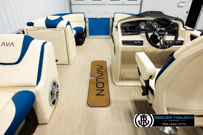 Slide: The Image of Interior of 2026 Avalon LSZ VRB boat with luxurious seating and modern dashboard. - 17