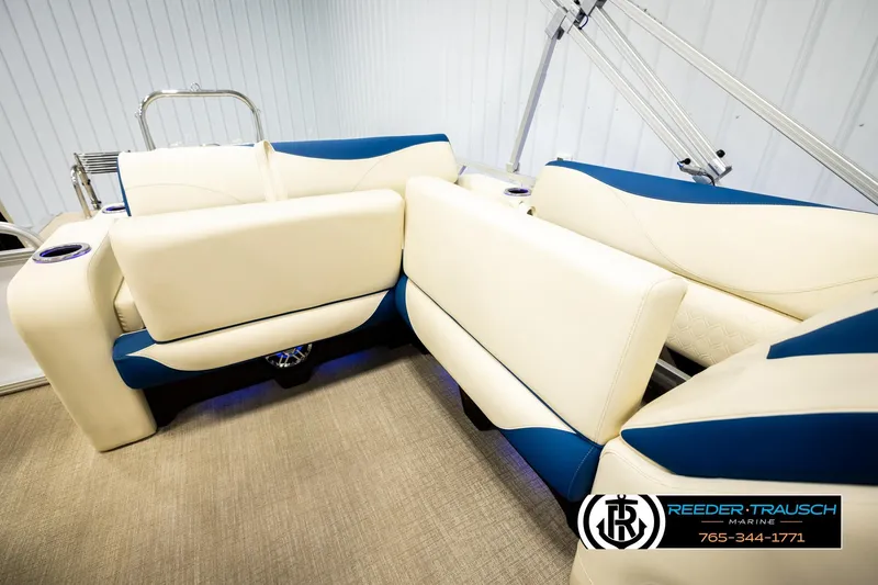 Slide: The Image of Luxurious seating on 2026 Avalon LSZ VRB boat with cream and blue upholstery. - 22