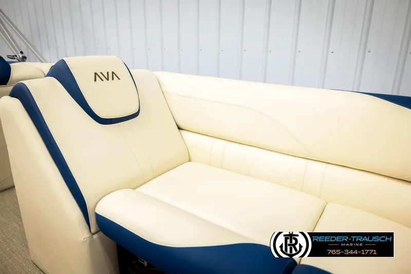 Slide: The Image of Luxurious seating in the 2026 Avalon LSZ VRB boat, featuring cream and blue upholstery. - 45