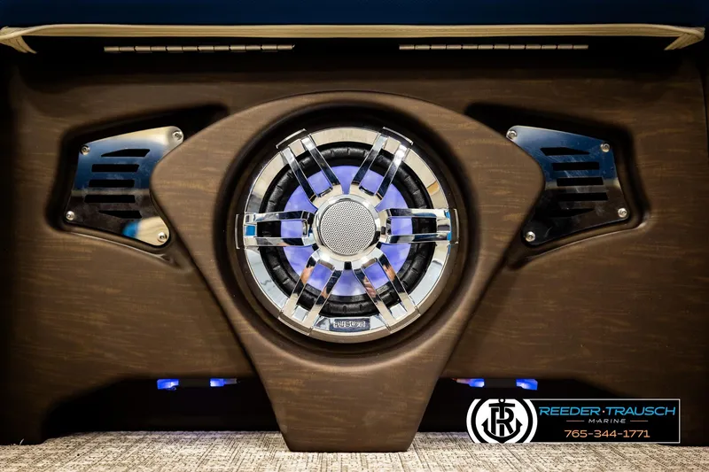 Slide: The Image of 2026 Avalon LSZ VRB boat speaker system with blue LED lighting. - 48