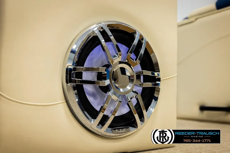 Slide: The Image of Close-up of 2026 Avalon LSZ VRB speaker with chrome detailing and blue lighting. - 49