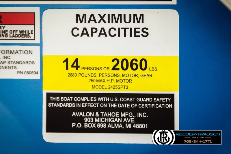 Slide: The Image of Maximum capacity label for 2026 Avalon LSZ VRB, 14 persons or 2060 lbs, 250 HP motor. - 58