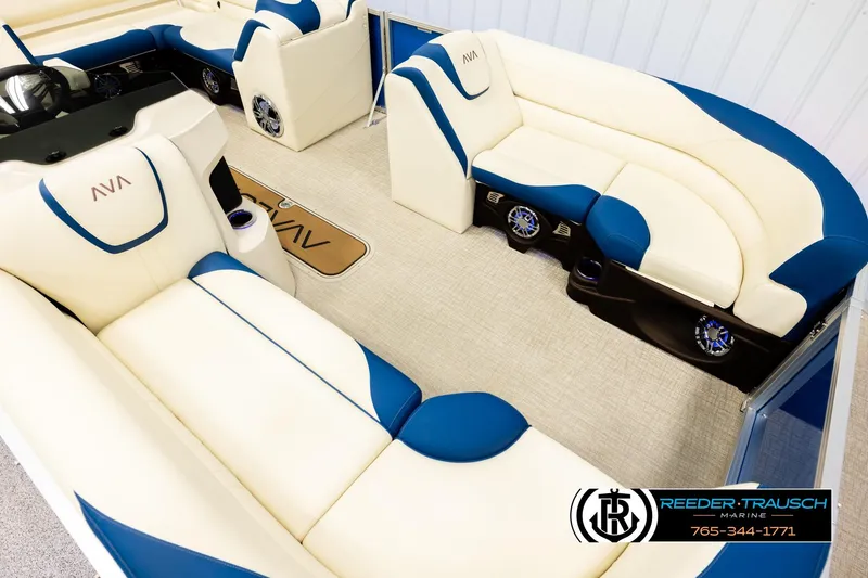 Slide: The Image of Luxurious 2026 Avalon LSZ VRB boat interior with blue and white seating, featuring modern design. - 9
