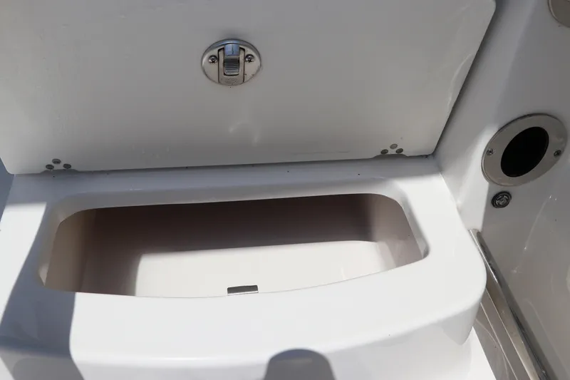 Slide: The Image of 2019 Robalo R207 Dual Console boat storage compartment with latch and drainage hole. - 18