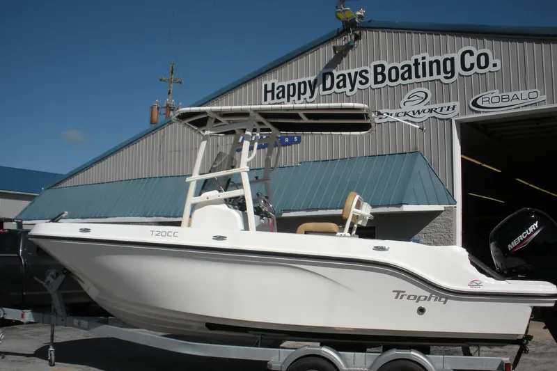 Slide: The Image of 2025 Bayliner Trophy T20CC boat on trailer at Happy Days Boating Co. - 2