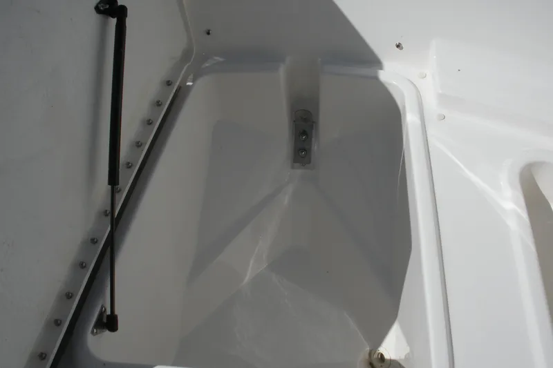 Slide: The Image of Storage compartment of 2025 Bayliner Trophy T20CC boat, featuring a hydraulic lift support. - 6