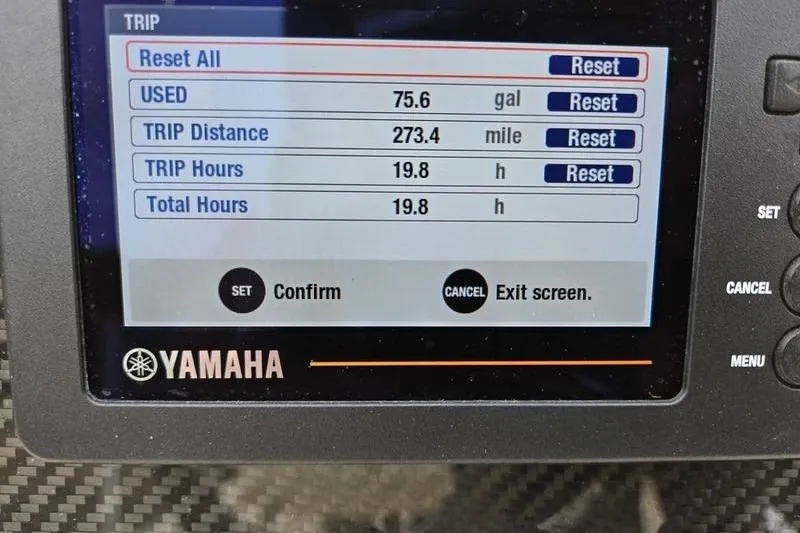 Slide: The Image of Yamaha trip display showing fuel usage, distance, and hours for Grady-White Fisherman 180, 2024 model. - 8