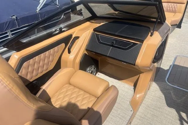 Slide: The Image of Luxurious interior of 2025 Godfrey San Pan SP2700SBW boat with tan leather seating. - 13