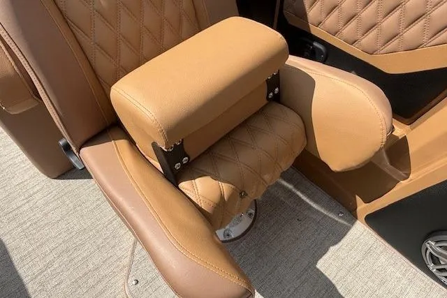 Slide: The Image of Luxurious tan leather seat with diamond stitching in a 2025 Godfrey San Pan SP2700SBW. - 19