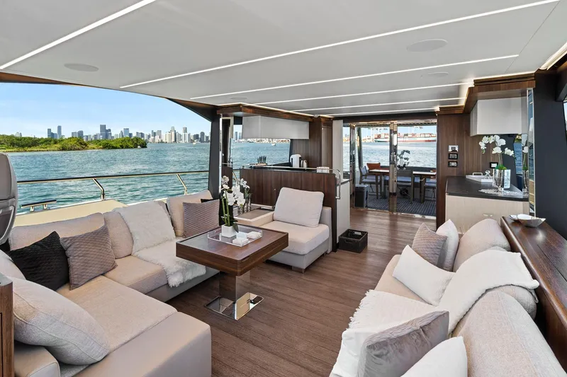 Slide: The Image of Luxurious interior of 2023 Astondoa 66 Flybridge yacht with elegant seating and scenic water views. - 17