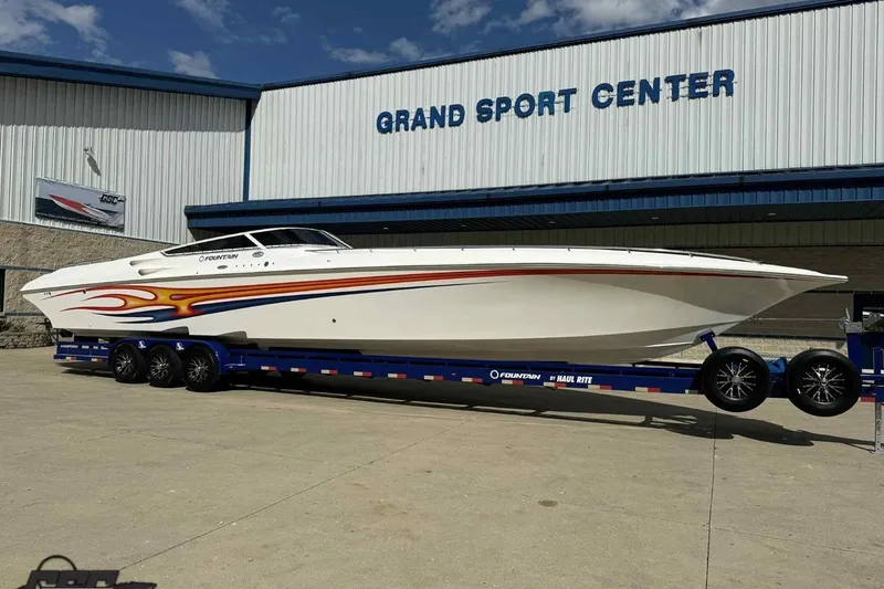 Slide: The Image of 2006 Fountain 47 Lightning speedboat on trailer at Grand Sport Center. - 7