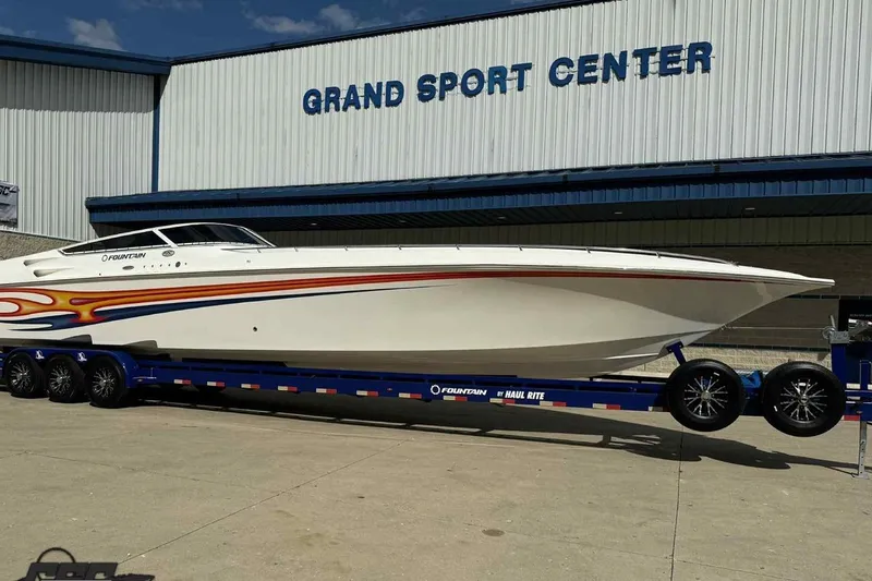 Slide: The Image of 2006 Fountain 47 Lightning boat on trailer at Grand Sport Center. - 8