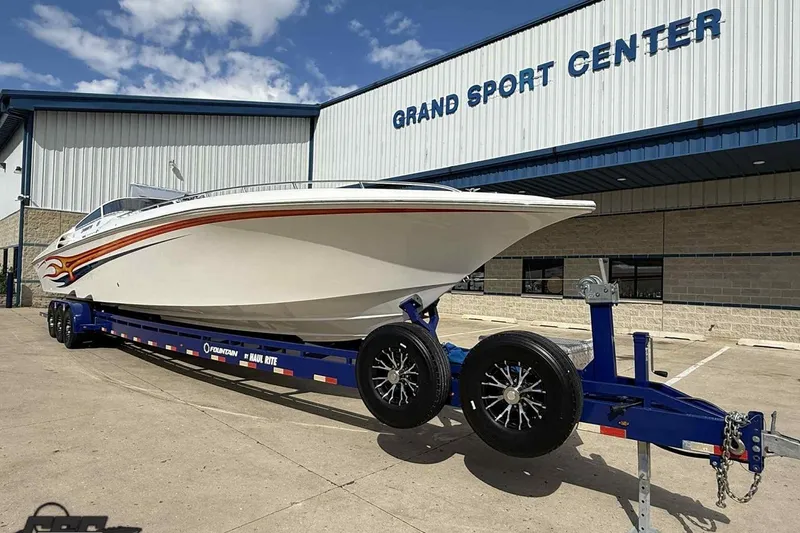 Slide: The Image of 2006 Fountain 47 Lightning boat on trailer at Grand Sport Center. - 9
