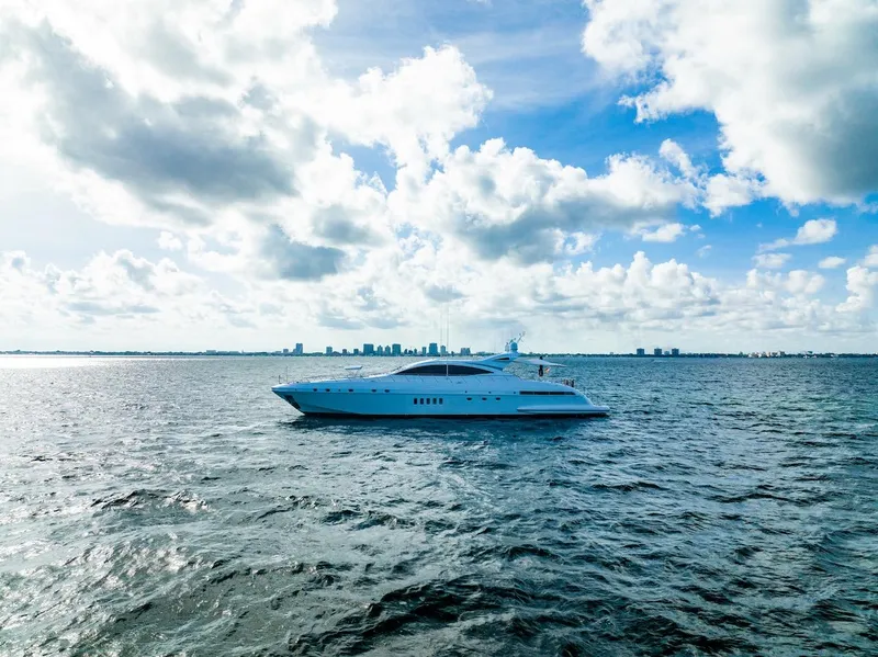 Slide: The Image of Mangusta 92 yacht cruising on open water under a partly cloudy sky, 2007 model. - 14