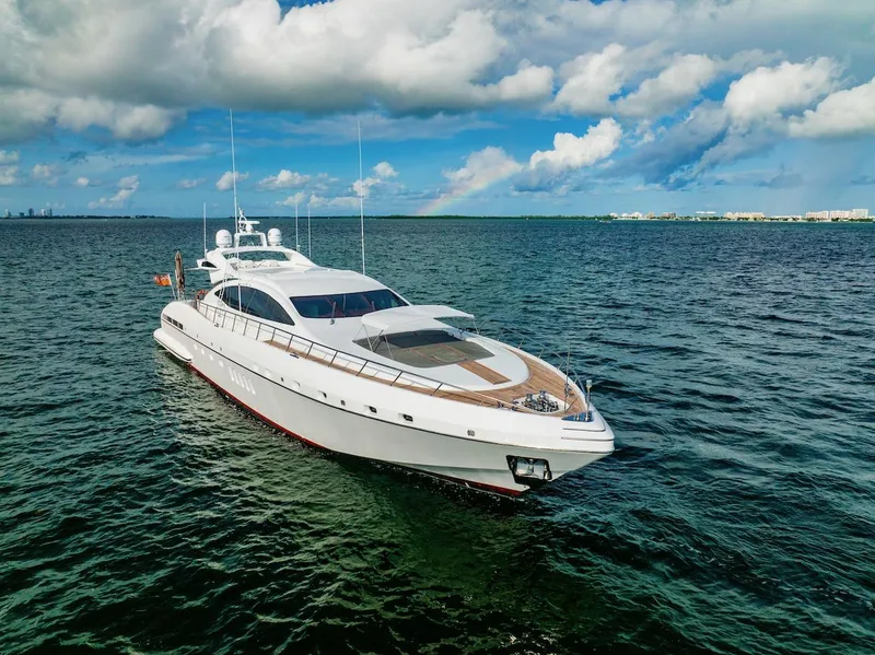 Slide: The Image of Luxury 2007 Mangusta 92 yacht cruising on open water under a partly cloudy sky. - 17