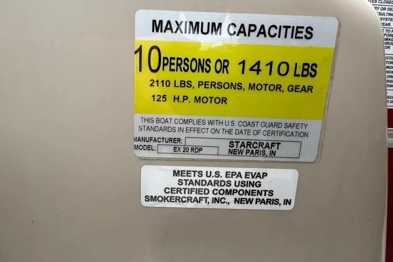 Slide: The Image of Capacity label for 2017 Starcraft EX 20 RDP boat, 10 persons or 1410 lbs. - 20