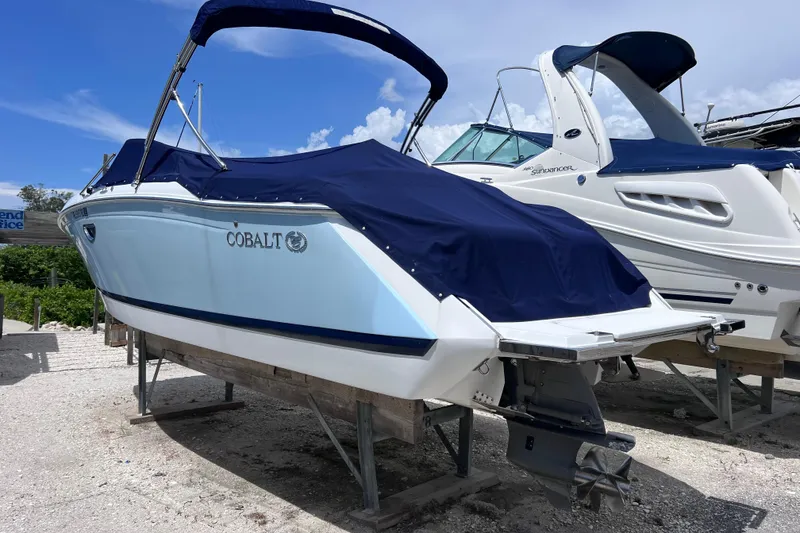 The Image of 2015 Cobalt 26SD boat with blue cover on dry dock, clear sky background. - 1