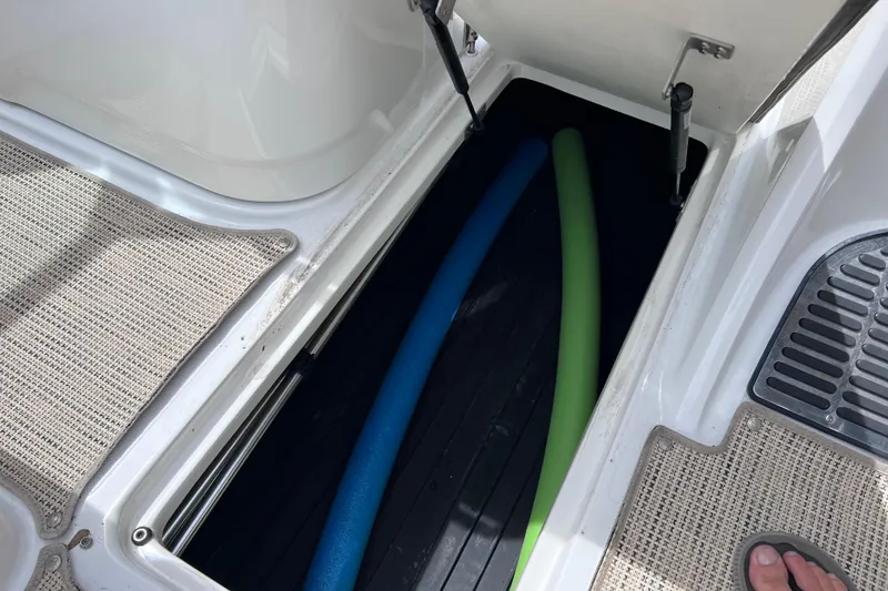 Slide: The Image of Open storage compartment on 2015 Cobalt 26SD boat with pool noodles inside. - 51