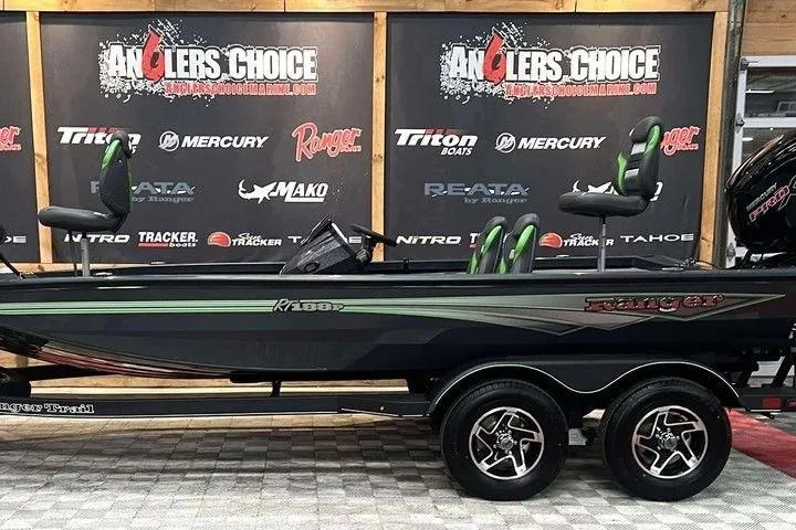 The Image of 2026 Ranger RT188P boat displayed at Anglers Choice event with branded backdrop. - 1
