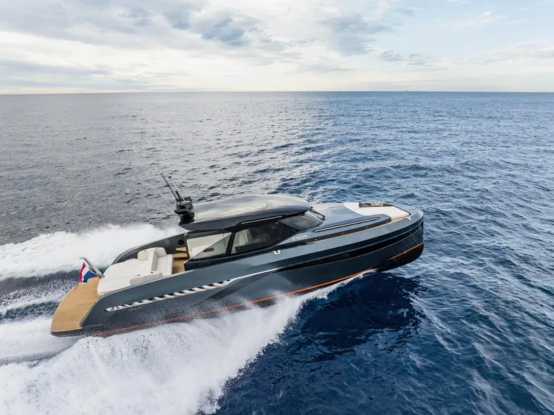 Slide: The Image of 2023 Bekkers Yachts Azur 45HT cruising on open sea under a cloudy sky. - 19