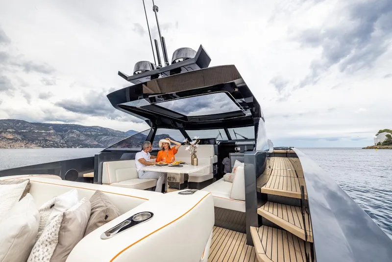 Slide: The Image of 2023 Bekkers Yachts Azur 45HT luxury yacht with elegant deck and scenic ocean view. - 24