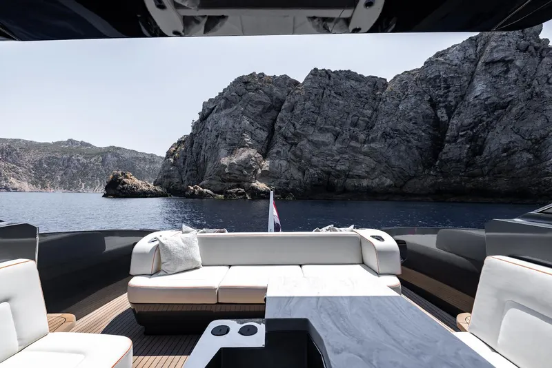 Slide: The Image of Luxurious 2023 Bekkers Yachts Azur 45HT interior with scenic rocky coastline view. - 36