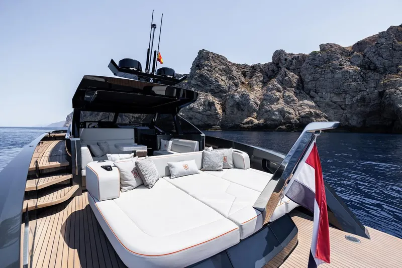 Slide: The Image of Luxurious 2023 Bekkers Yachts Azur 45HT with elegant deck, scenic rocky backdrop. - 42