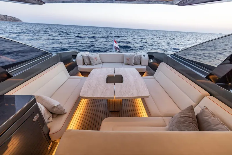 Slide: The Image of Luxurious 2023 Bekkers Yachts Azur 45HT interior with elegant seating and ocean view. - 8
