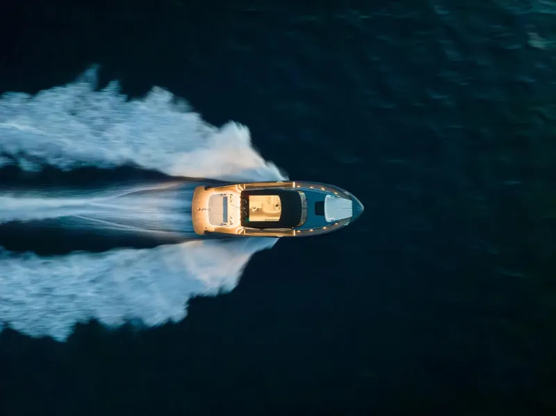 Slide: The Image of 2023 Bekkers Yachts Azur 45HT cruising on open water, aerial view. - 9