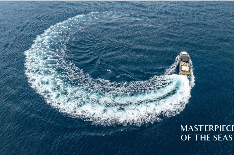 Slide: The Image of Bekkers Yachts Azur 45HT 2023 making a circular wake in the ocean. - 1