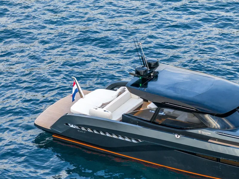 Slide: The Image of 2023 Bekkers Yachts Azur 45HT on blue water, showcasing sleek design and luxury features. - 16