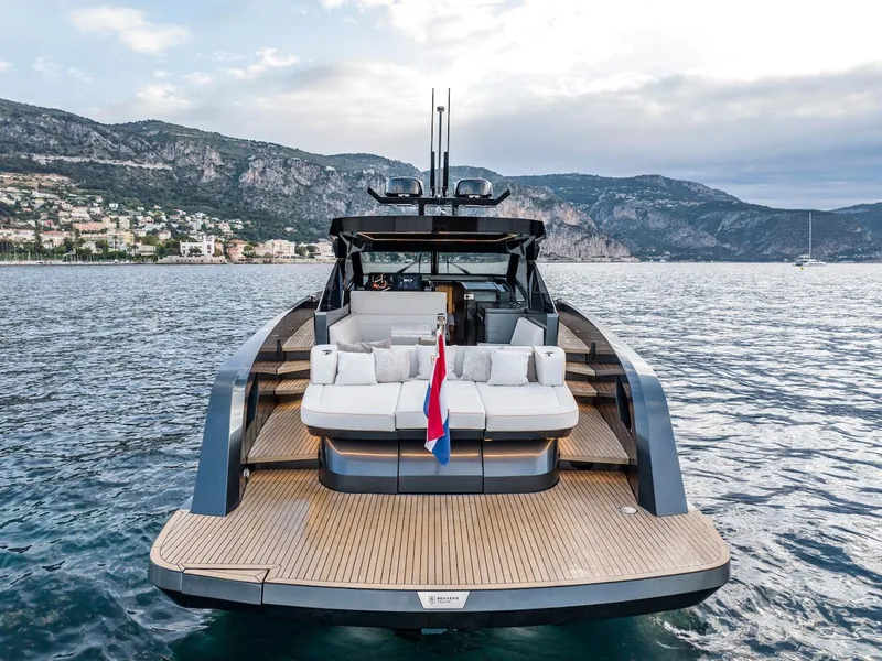 Slide: The Image of 2023 Bekkers Yachts Azur 45HT on scenic water with mountainous backdrop. - 18